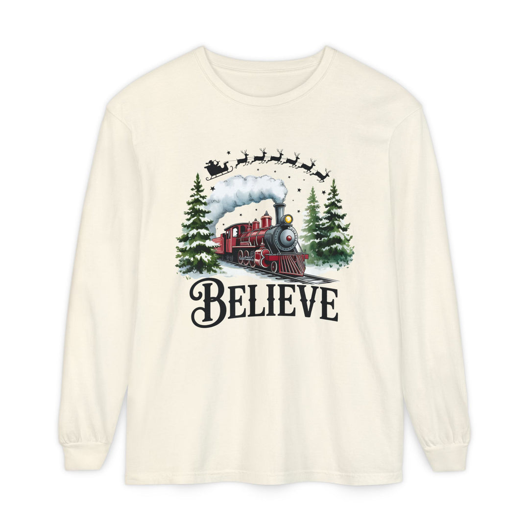 Believe Santa Train Long Sleeve Tee, Cozy Gift for Christmas, Unisex Shirt, Holiday Apparel, Festive Outfit, Winter Wear, Seasonal T-Shirt
