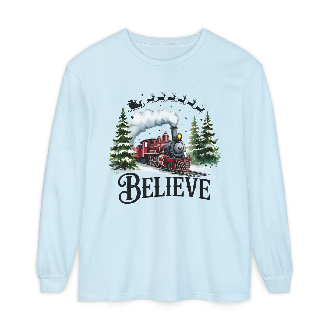 Believe Santa Train Long Sleeve Tee, Cozy Gift for Christmas, Unisex Shirt, Holiday Apparel, Festive Outfit, Winter Wear, Seasonal T-Shirt