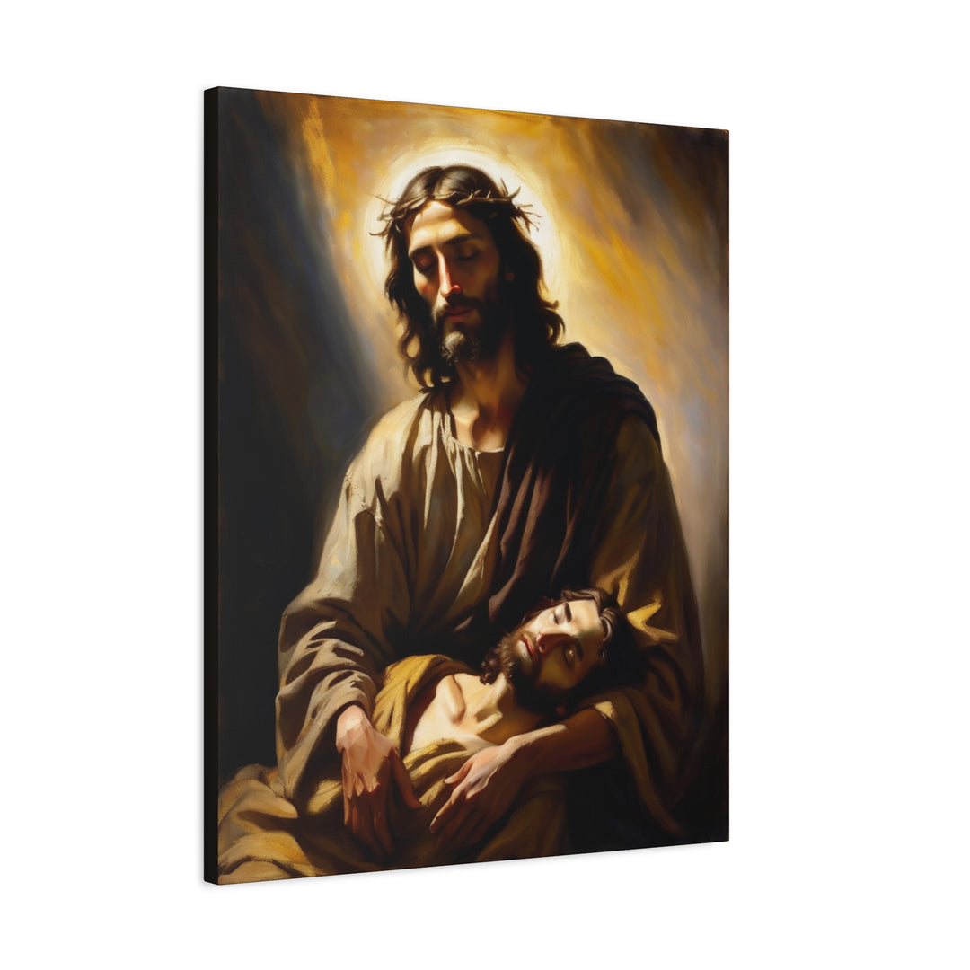 In the Arms of Christ | Peaceful Religious Art Canvas – Christian Wall Décor for Home or Church