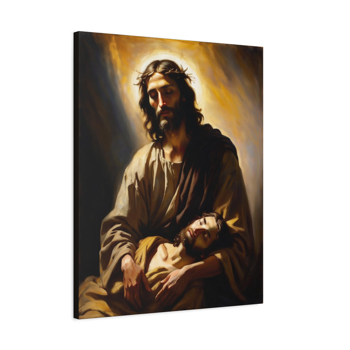 In the Arms of Christ | Peaceful Religious Art Canvas – Christian Wall Décor for Home or Church