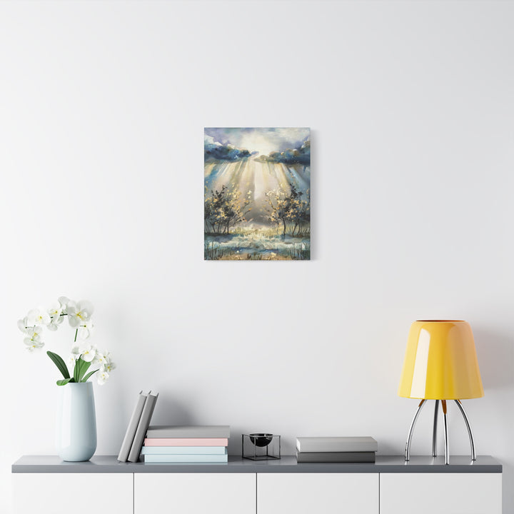 Faithful Through the Storm – Christian Canvas Wall Art | Light Breaking Through Clouds