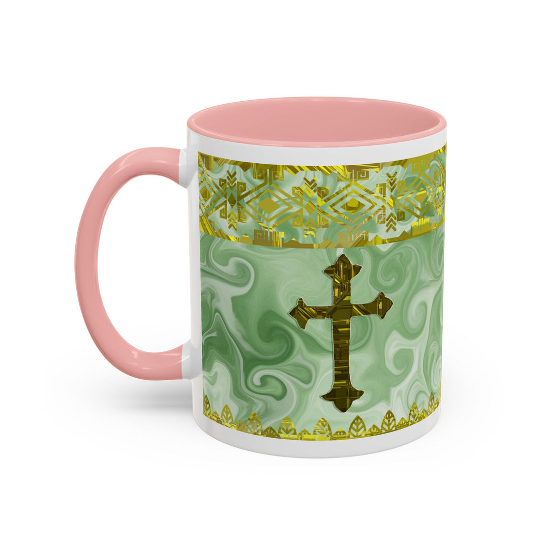 Gold Cross on Mint Marble – Elegant Christian Mug