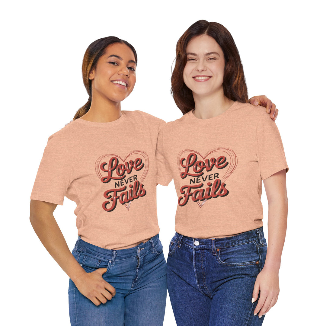 Love Never Fails – 1 Corinthians 13 Retro Heart T-Shirt