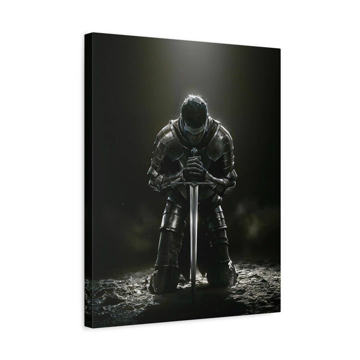 Kneeling Knight Matte Canvas Print — Dark Medieval Armor Sword Wall Art