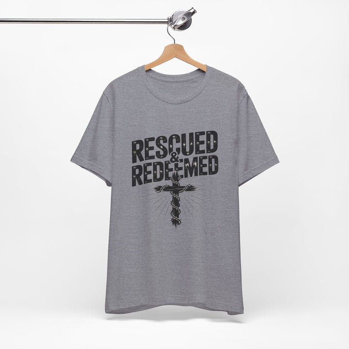 Faith-Inspired Unisex Jersey Tee - Rescued & Redeemed, Christian T-Shirt, Inspirational Apparel, Gift for Believers, Casual Wear