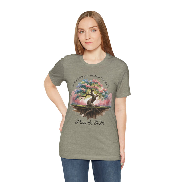 Tree of Life Tee Shirt - She Is Clothed with Strength and Dignity Proverbs 31:25 Watercolor Design