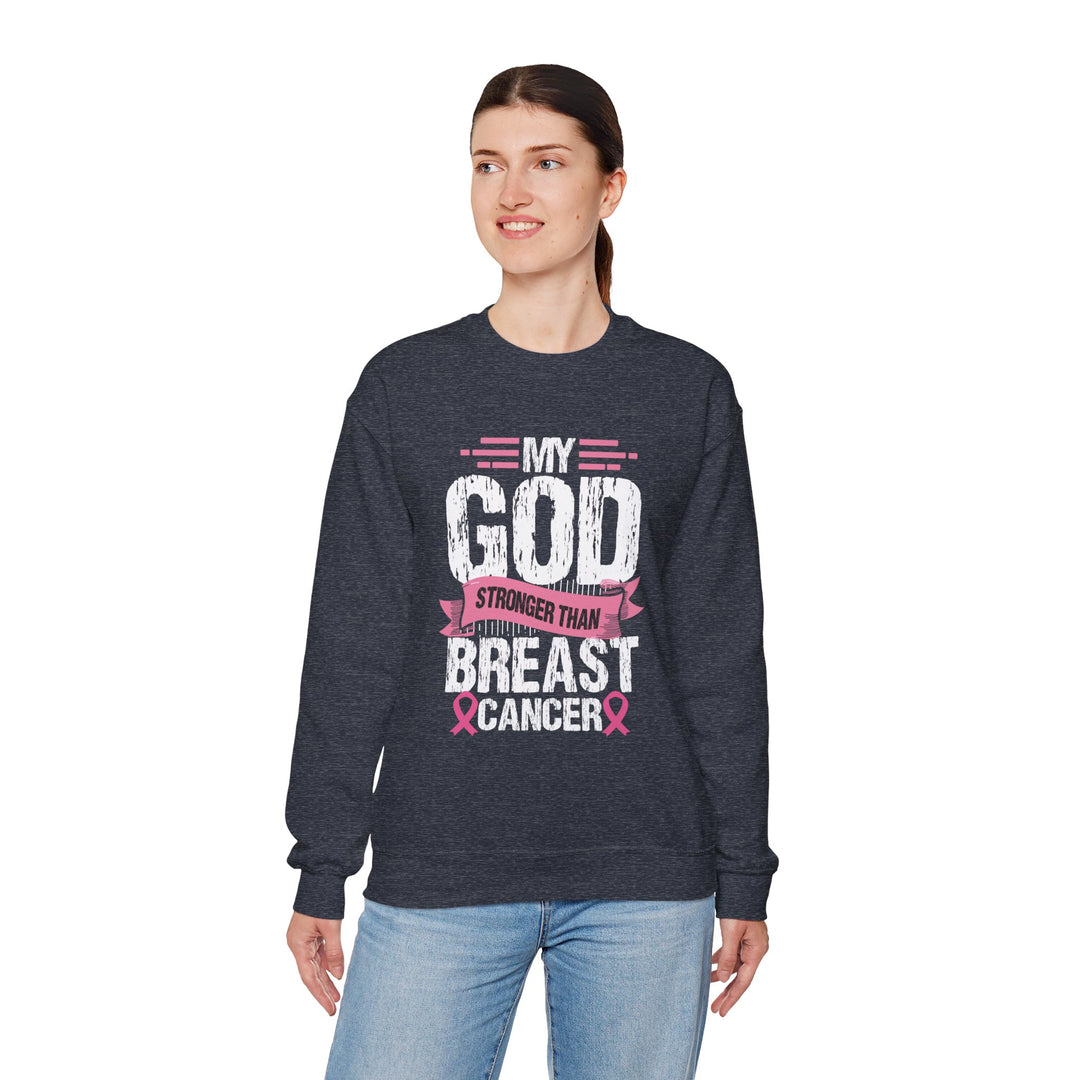 Breast Cancer Awareness Crewneck Sweatshirt, God is Stronger Than Breast Cancer, Inspirational Gift, Unisex Pullover, Support Awareness