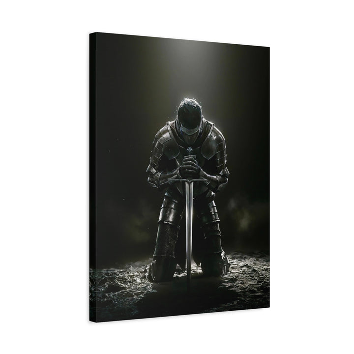 Kneeling Knight Matte Canvas Print — Dark Medieval Armor Sword Wall Art
