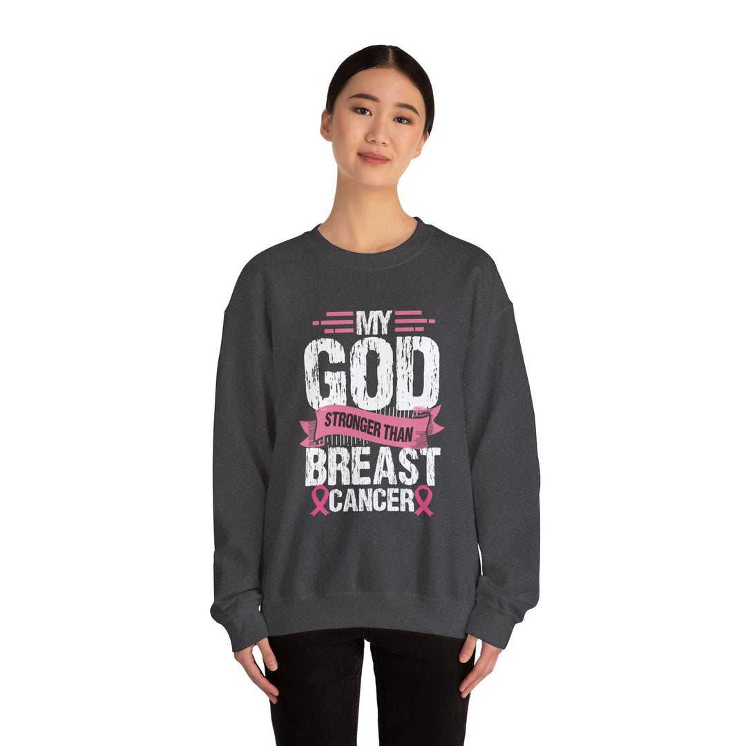 Breast Cancer Awareness Crewneck Sweatshirt, God is Stronger Than Breast Cancer, Inspirational Gift, Unisex Pullover, Support Awareness