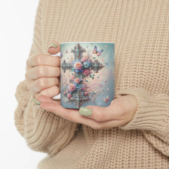 Faith & Beauty Cross Floral Mug – Christian Coffee Cup with Butterflies