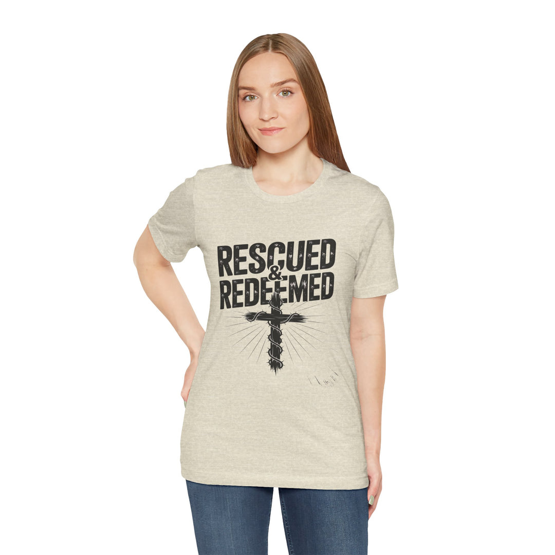 Faith-Inspired Unisex Jersey Tee - Rescued & Redeemed, Christian T-Shirt, Inspirational Apparel, Gift for Believers, Casual Wear