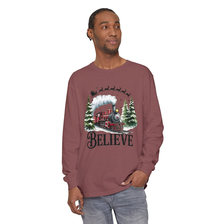 Believe Santa Train Long Sleeve Tee, Cozy Gift for Christmas, Unisex Shirt, Holiday Apparel, Festive Outfit, Winter Wear, Seasonal T-Shirt