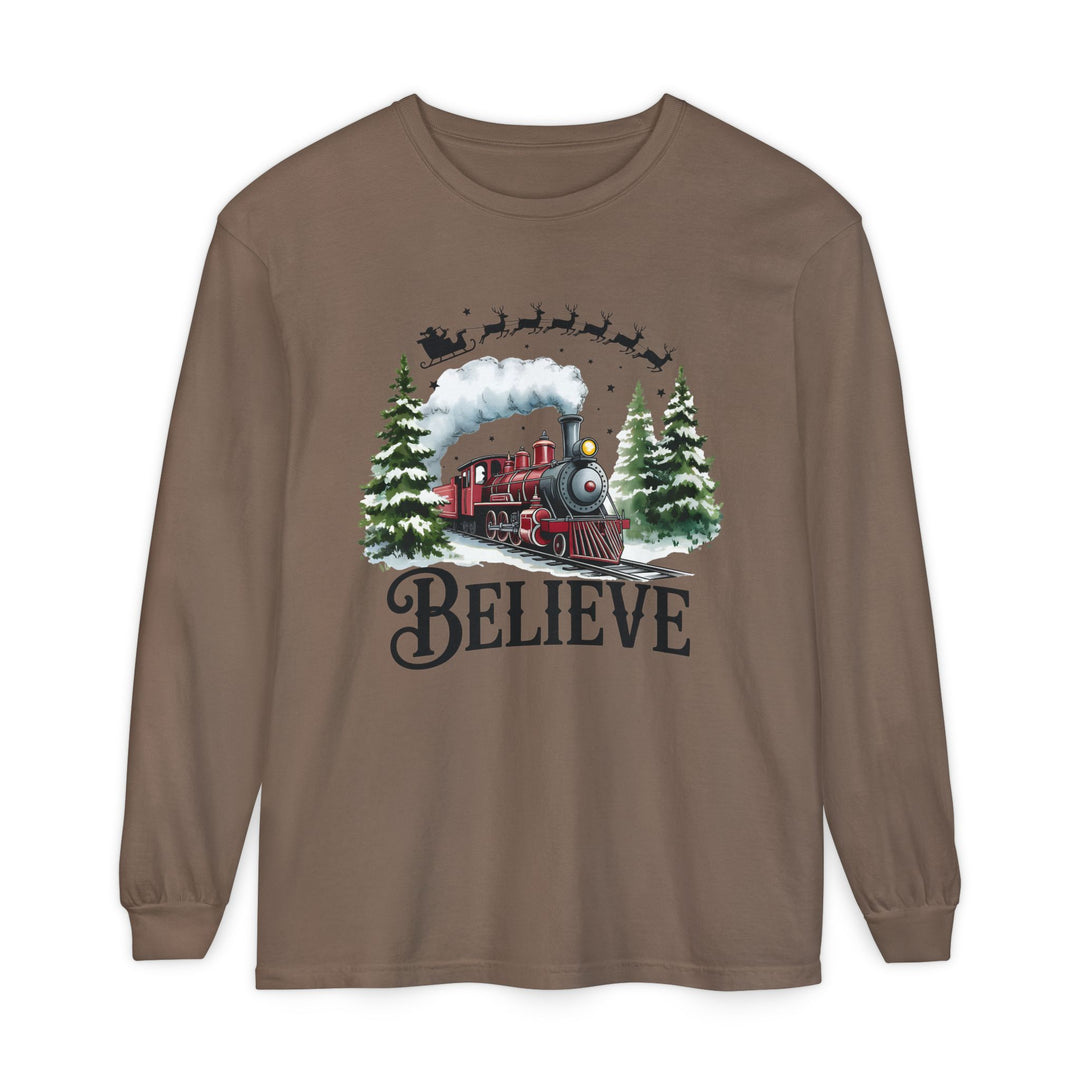 Believe Santa Train Long Sleeve Tee, Cozy Gift for Christmas, Unisex Shirt, Holiday Apparel, Festive Outfit, Winter Wear, Seasonal T-Shirt