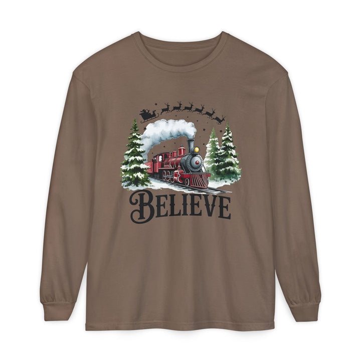 Believe Santa Train Long Sleeve Tee, Cozy Gift for Christmas, Unisex Shirt, Holiday Apparel, Festive Outfit, Winter Wear, Seasonal T-Shirt