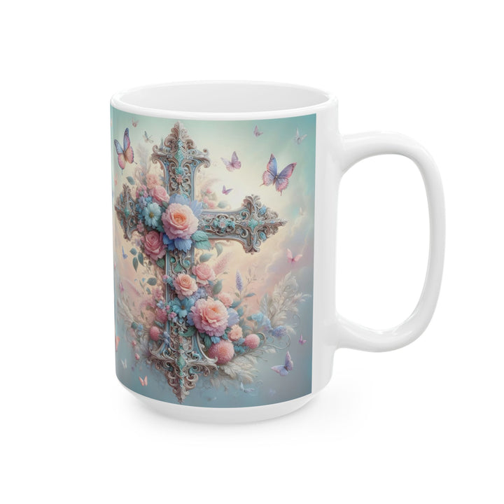 Faith & Beauty Cross Floral Mug – Christian Coffee Cup with Butterflies