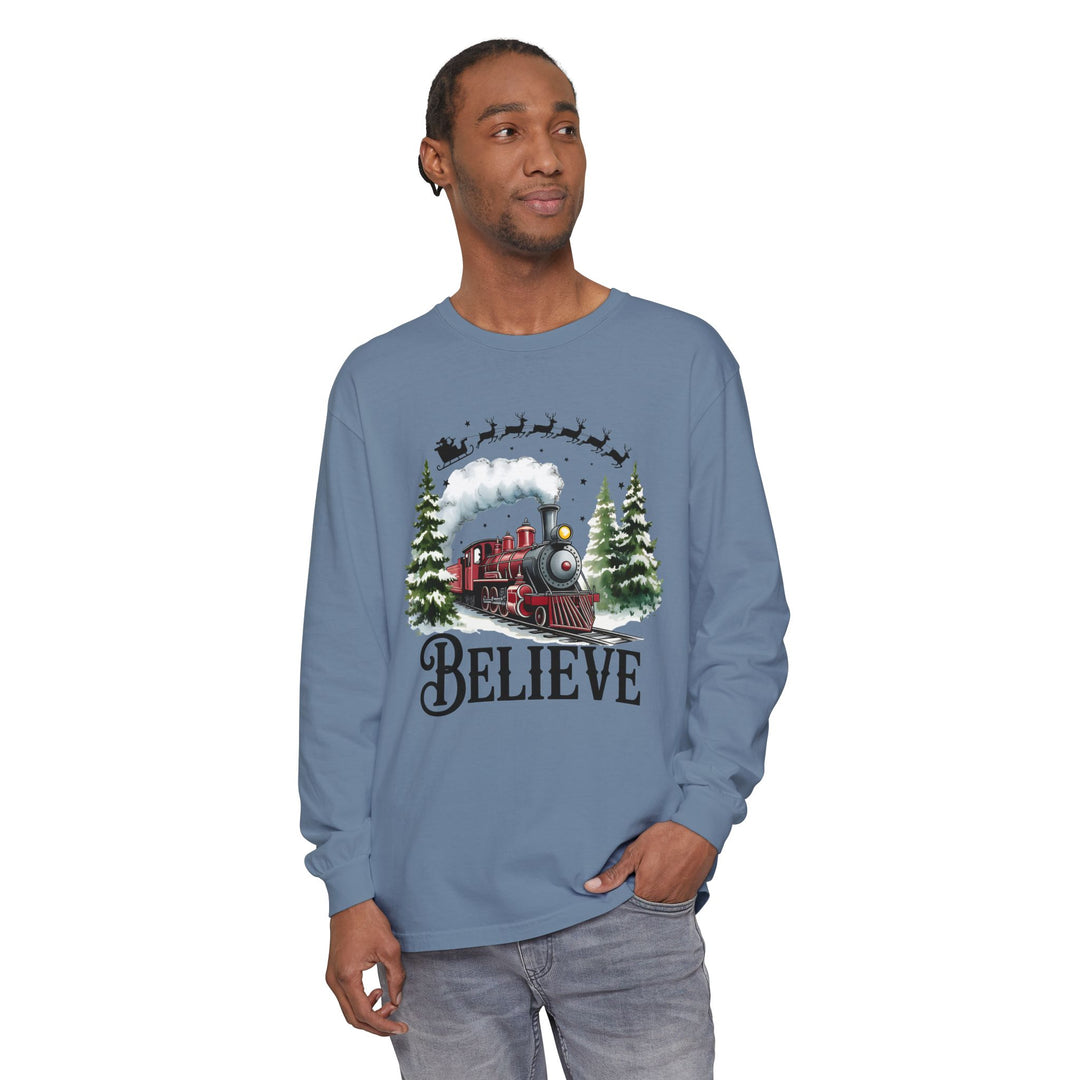 Believe Santa Train Long Sleeve Tee, Cozy Gift for Christmas, Unisex Shirt, Holiday Apparel, Festive Outfit, Winter Wear, Seasonal T-Shirt