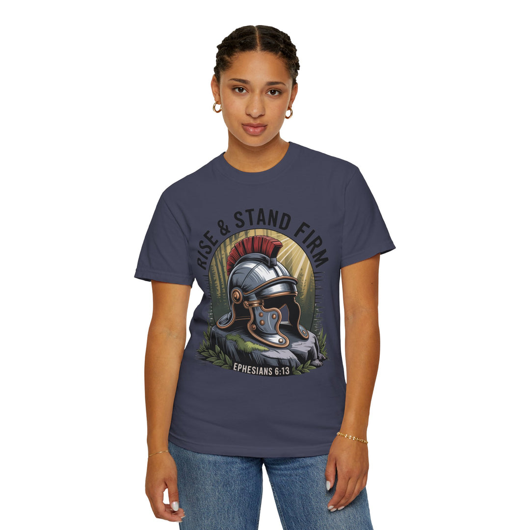 Faithful Warrior Unisex T-shirt - Rise & Stand Firm with Roman Helmet Design