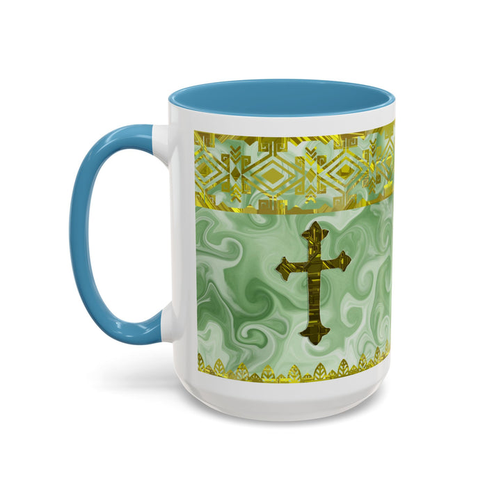 Gold Cross on Mint Marble – Elegant Christian Mug