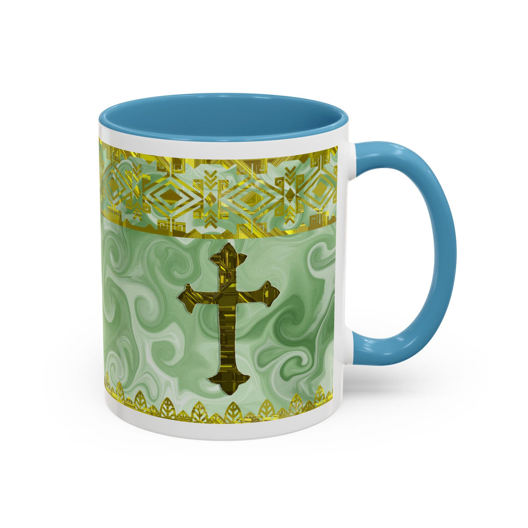Gold Cross on Mint Marble – Elegant Christian Mug
