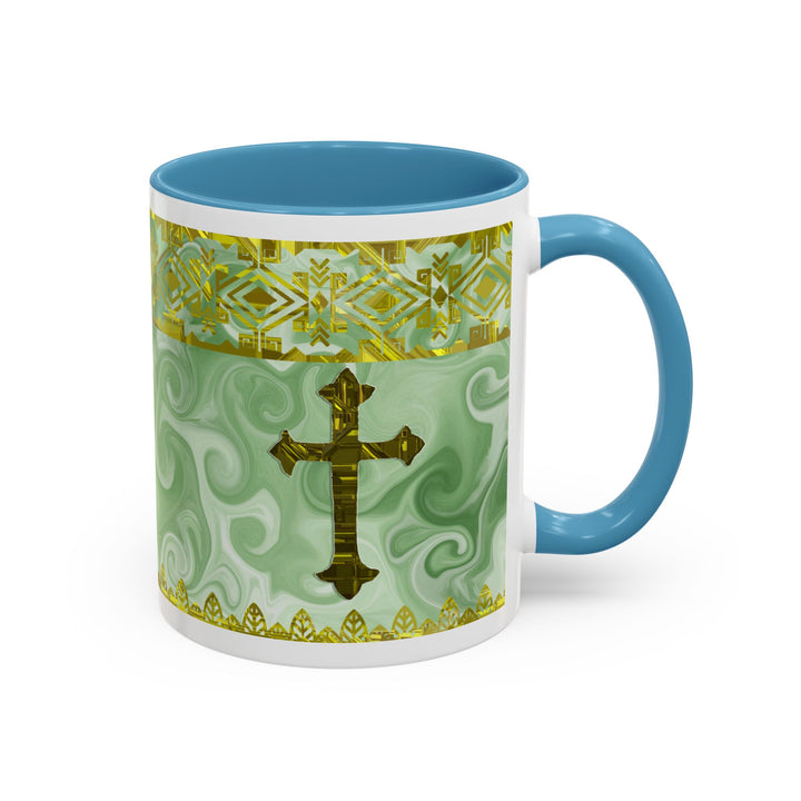 Gold Cross on Mint Marble – Elegant Christian Mug