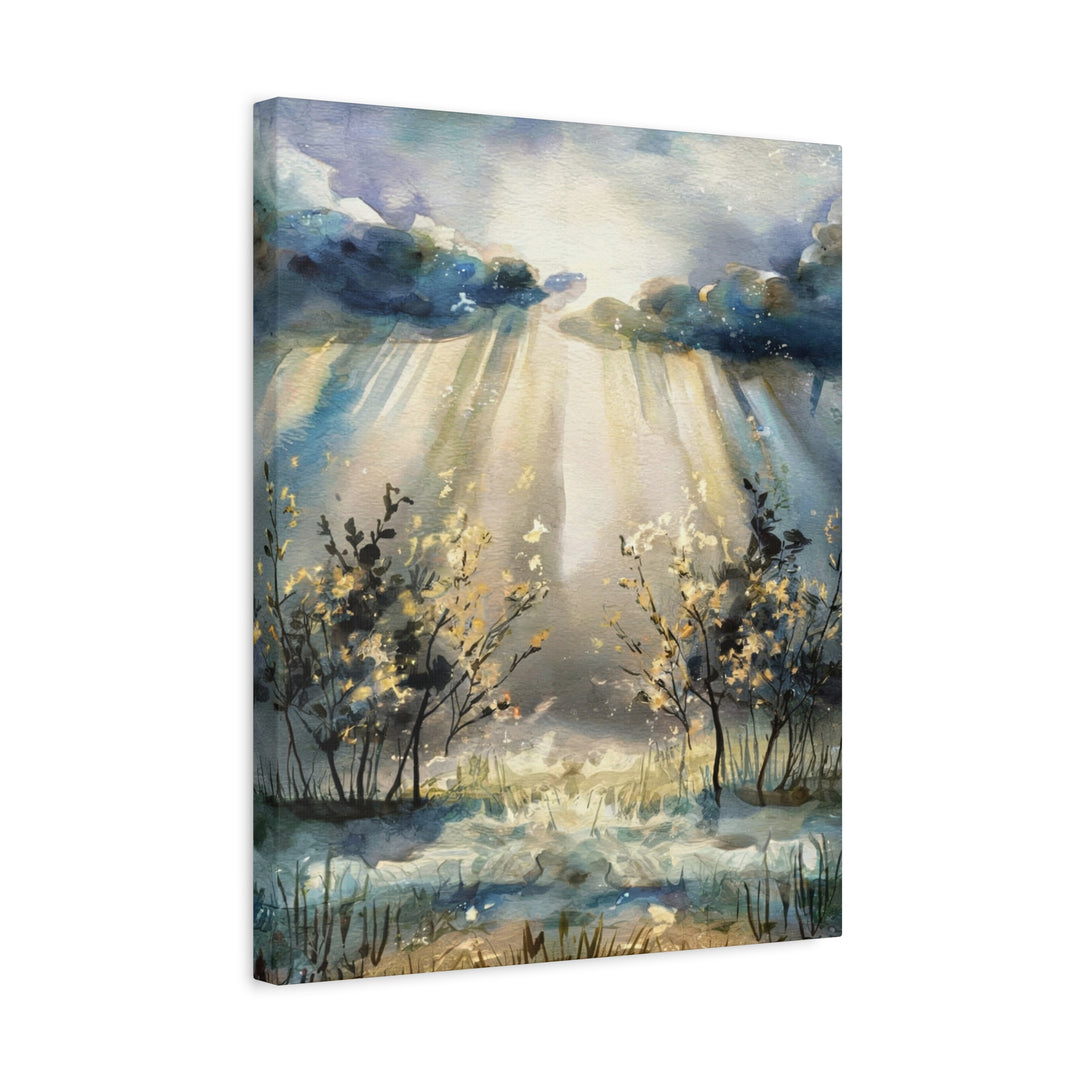 Faithful Through the Storm – Christian Canvas Wall Art | Light Breaking Through Clouds