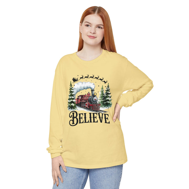 Believe Santa Train Long Sleeve Tee, Cozy Gift for Christmas, Unisex Shirt, Holiday Apparel, Festive Outfit, Winter Wear, Seasonal T-Shirt