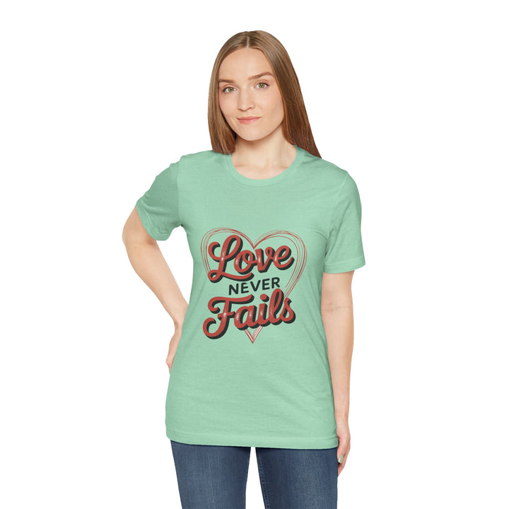 Love Never Fails – 1 Corinthians 13 Retro Heart T-Shirt