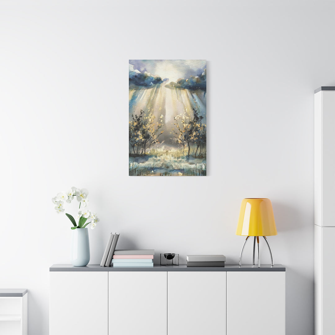 Faithful Through the Storm – Christian Canvas Wall Art | Light Breaking Through Clouds