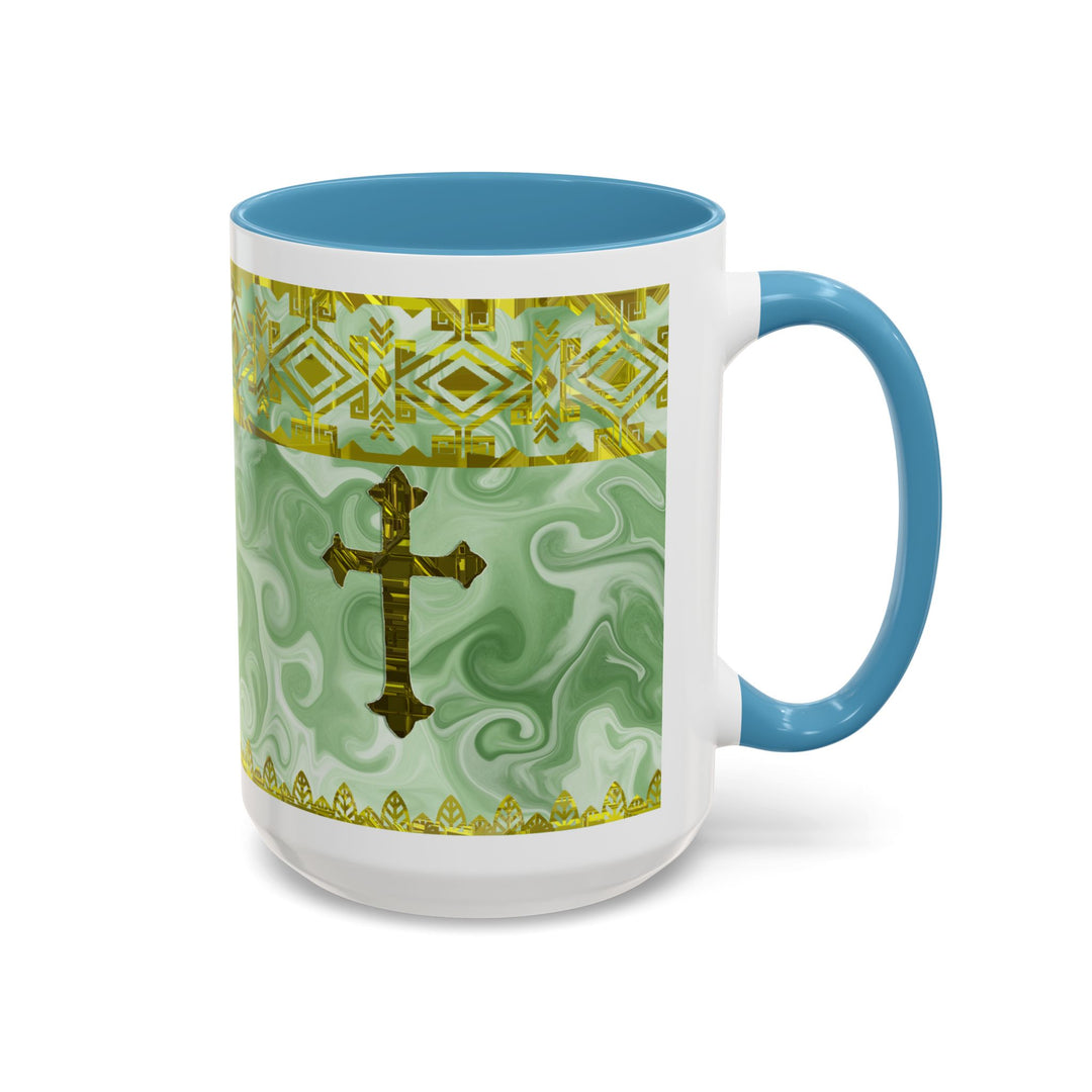 Gold Cross on Mint Marble – Elegant Christian Mug
