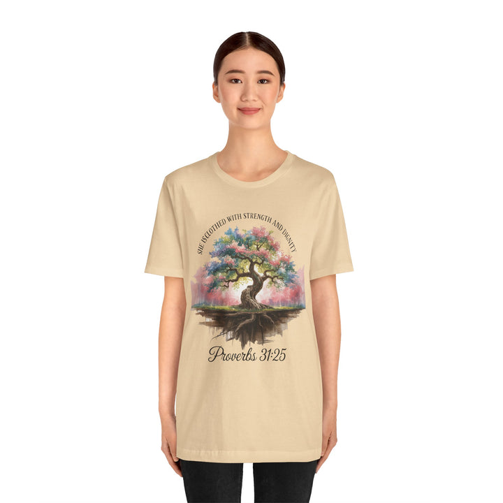 Tree of Life Tee Shirt - She Is Clothed with Strength and Dignity Proverbs 31:25 Watercolor Design