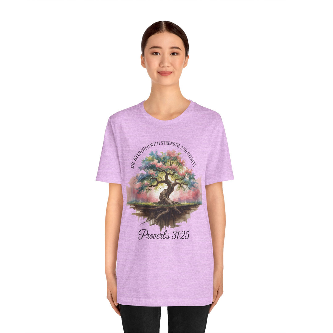 Tree of Life Tee Shirt - She Is Clothed with Strength and Dignity Proverbs 31:25 Watercolor Design