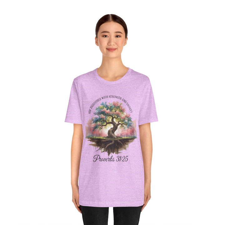 Tree of Life Tee Shirt - She Is Clothed with Strength and Dignity Proverbs 31:25 Watercolor Design