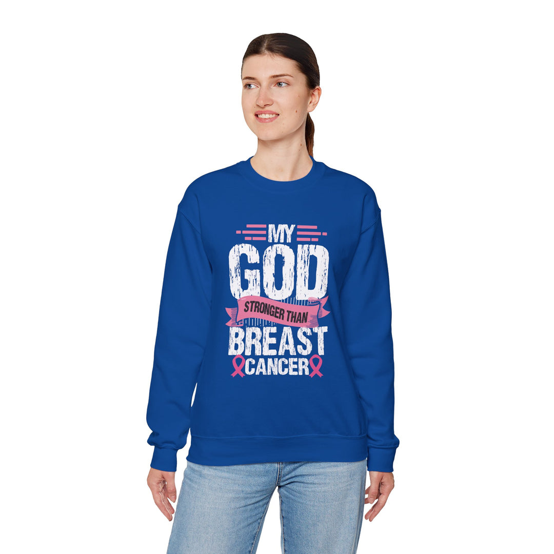 Breast Cancer Awareness Crewneck Sweatshirt, God is Stronger Than Breast Cancer, Inspirational Gift, Unisex Pullover, Support Awareness