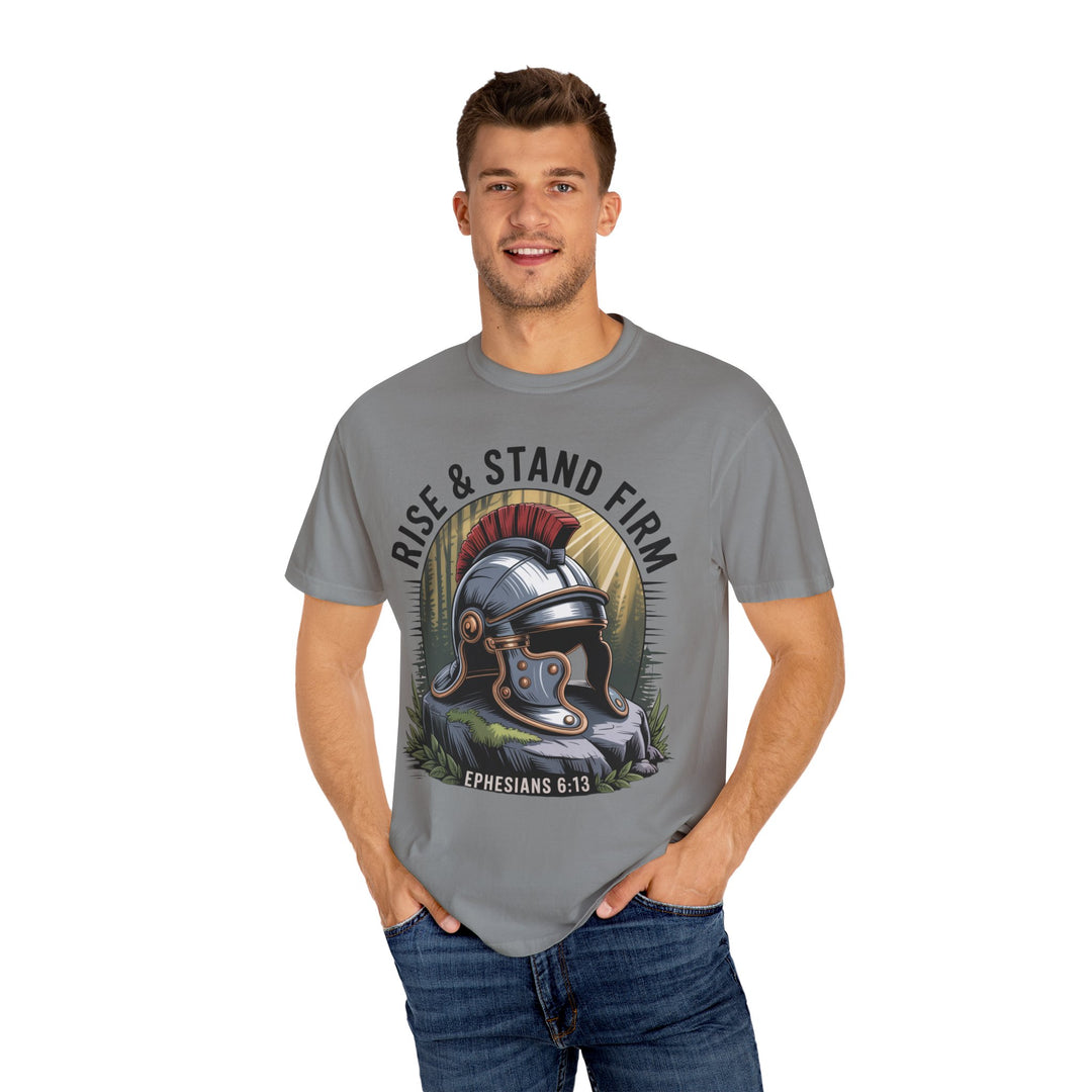 Faithful Warrior Unisex T-shirt - Rise & Stand Firm with Roman Helmet Design