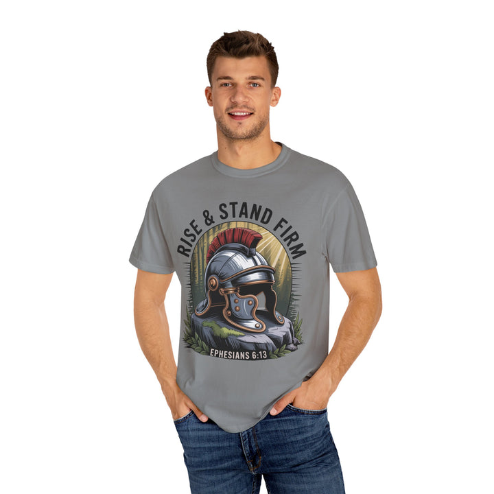 Faithful Warrior Unisex T-shirt - Rise & Stand Firm with Roman Helmet Design