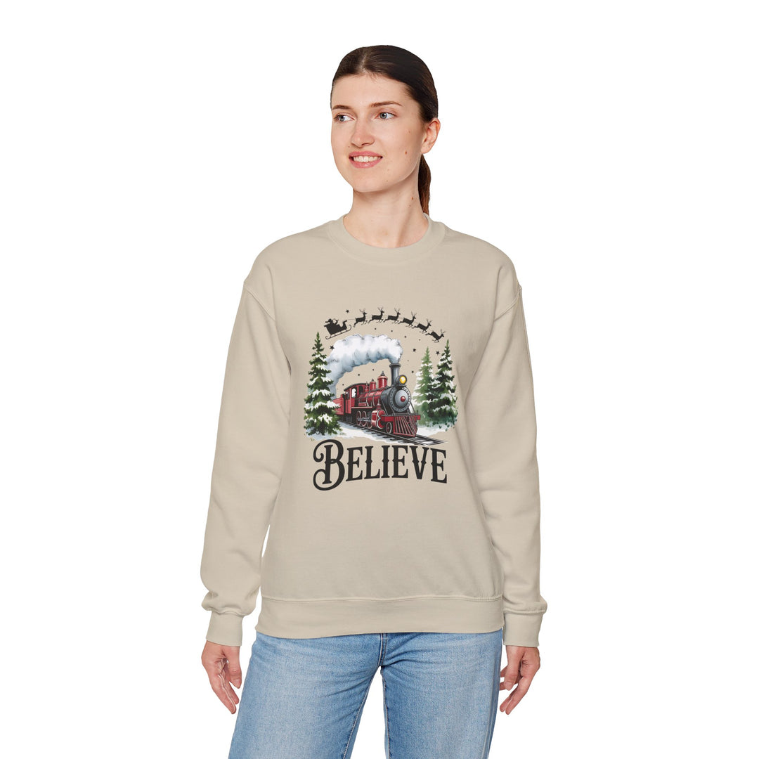 Believe Train Sweatshirt, Cozy Winter Crewneck, Christmas Gift, Holiday Apparel, Unisex Fleece