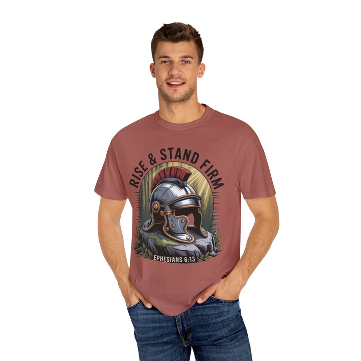 Faithful Warrior Unisex T-shirt - Rise & Stand Firm with Roman Helmet Design