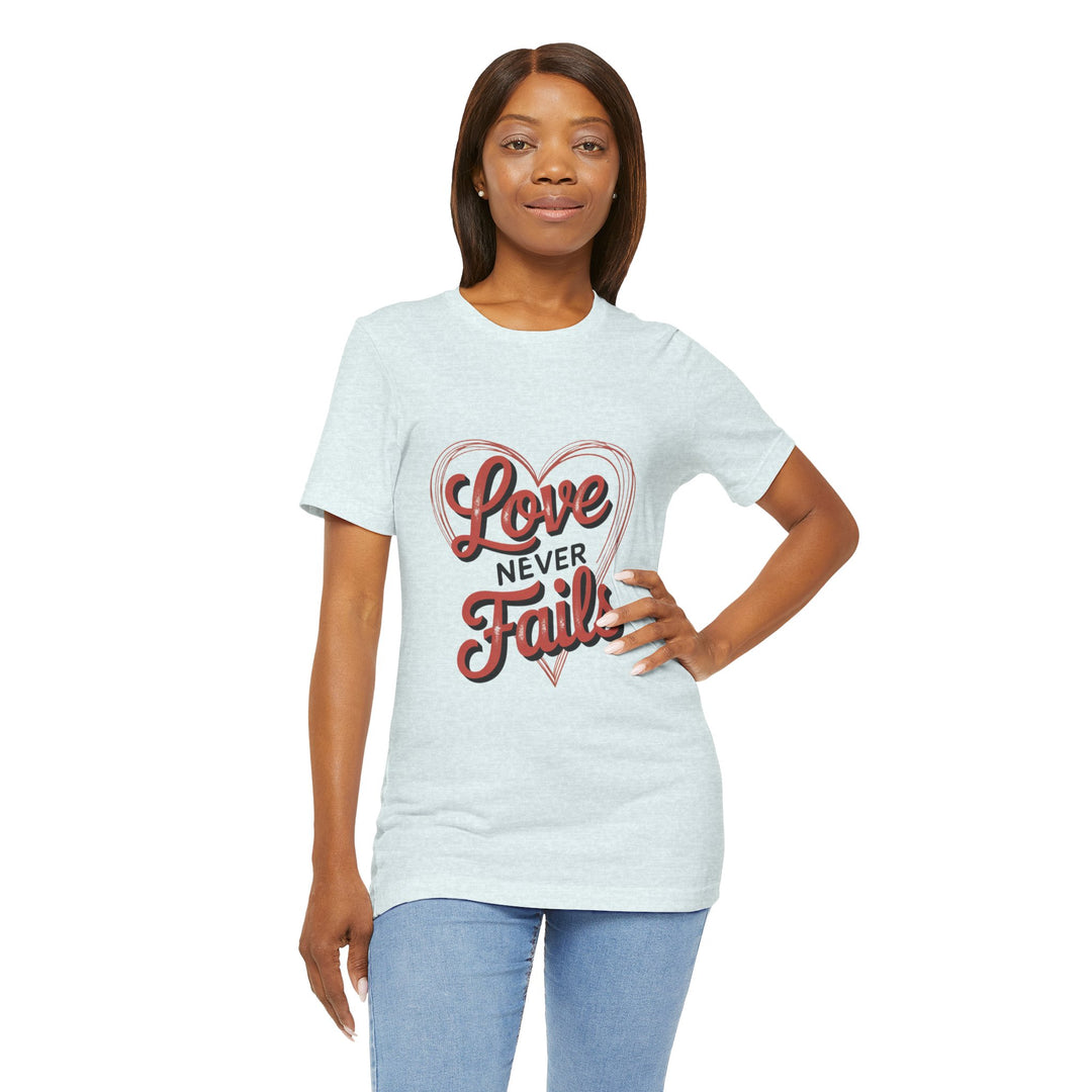 Love Never Fails – 1 Corinthians 13 Retro Heart T-Shirt