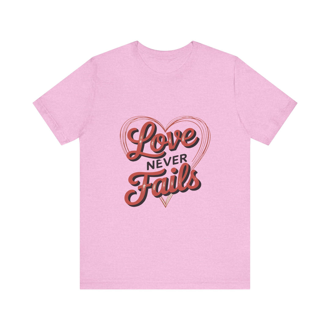 Love Never Fails – 1 Corinthians 13 Retro Heart T-Shirt