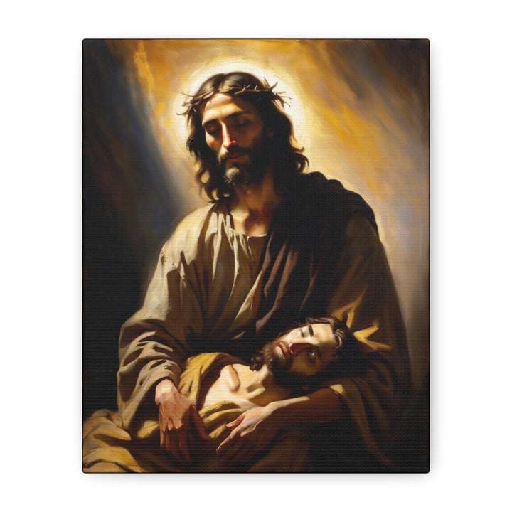 In the Arms of Christ | Peaceful Religious Art Canvas – Christian Wall Décor for Home or Church