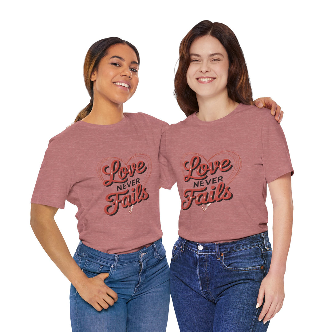 Love Never Fails – 1 Corinthians 13 Retro Heart T-Shirt