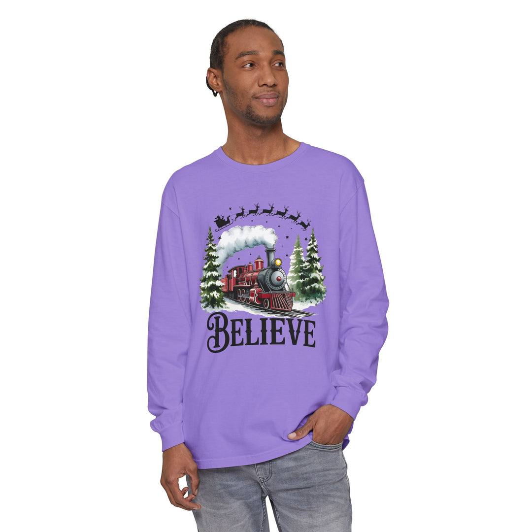 Believe Santa Train Long Sleeve Tee, Cozy Gift for Christmas, Unisex Shirt, Holiday Apparel, Festive Outfit, Winter Wear, Seasonal T-Shirt