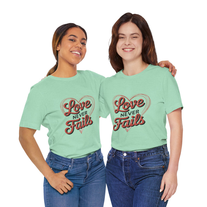 Love Never Fails – 1 Corinthians 13 Retro Heart T-Shirt