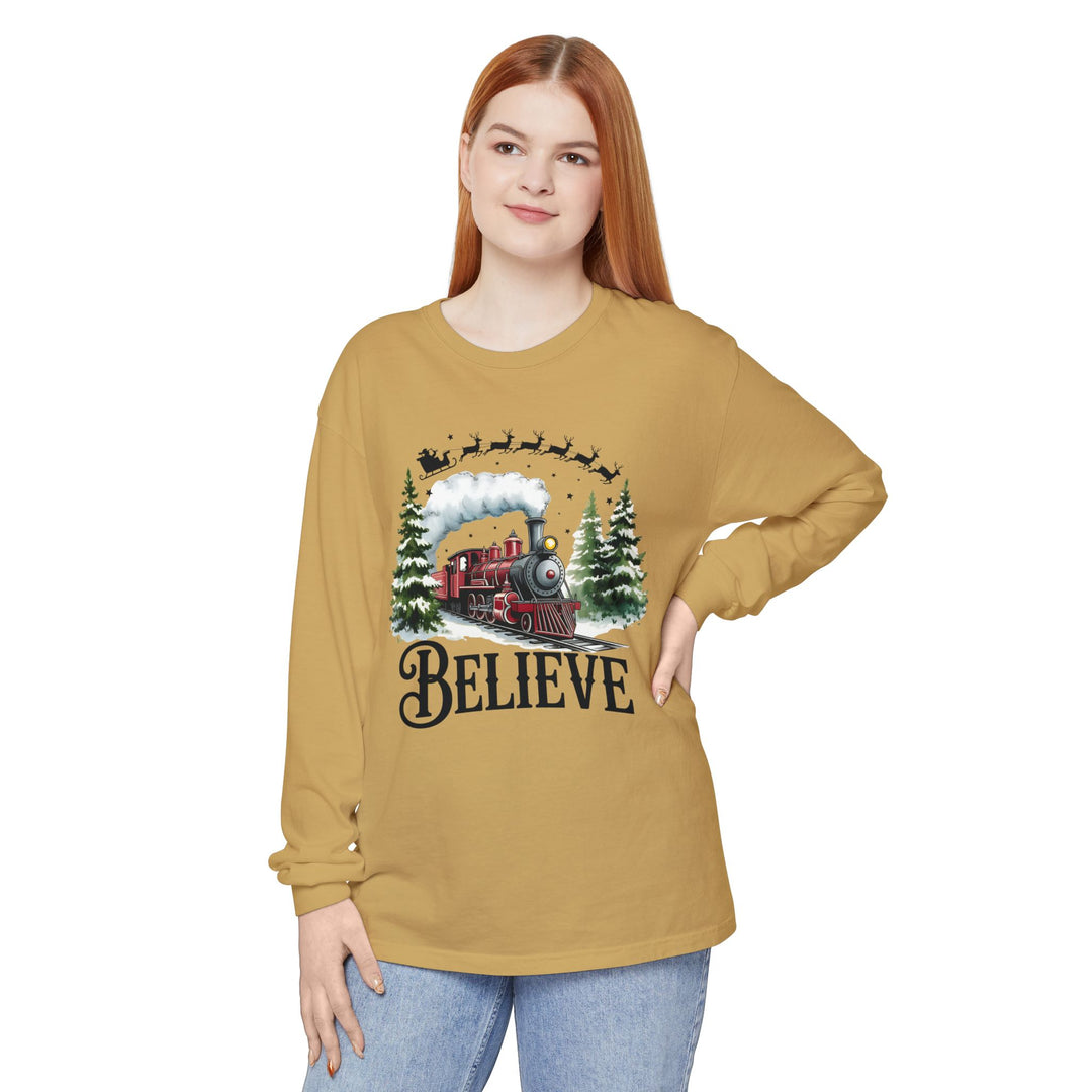 Believe Santa Train Long Sleeve Tee, Cozy Gift for Christmas, Unisex Shirt, Holiday Apparel, Festive Outfit, Winter Wear, Seasonal T-Shirt