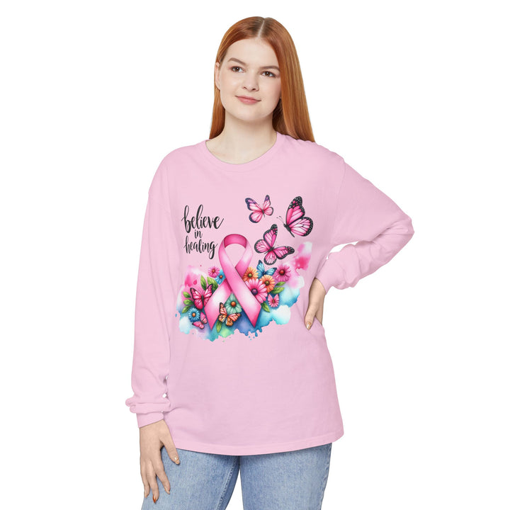 Breast Cancer Awareness Long Sleeve Tee, Supportive Gift, Inspirational Shirt for Women, Hope, Healing, Mother’s Day, Fundraising Event