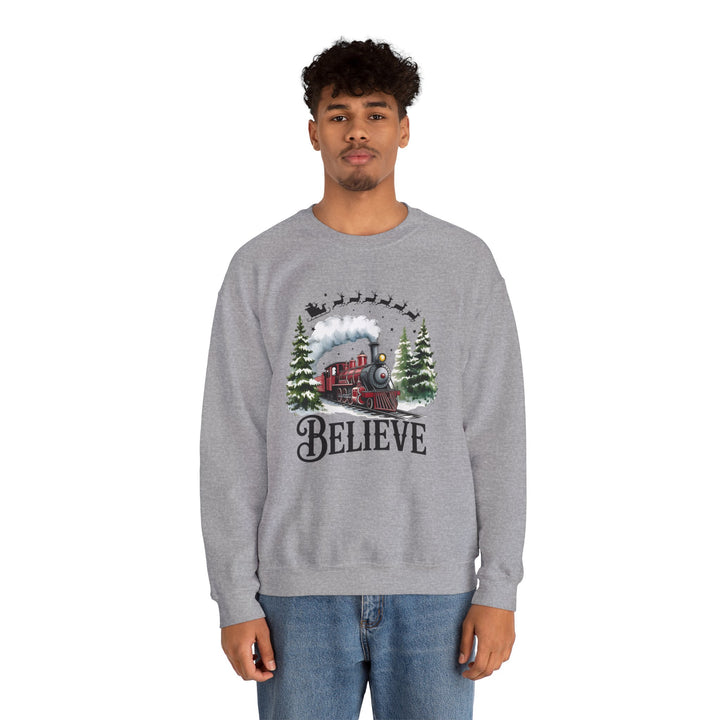 Believe Train Sweatshirt, Cozy Winter Crewneck, Christmas Gift, Holiday Apparel, Unisex Fleece