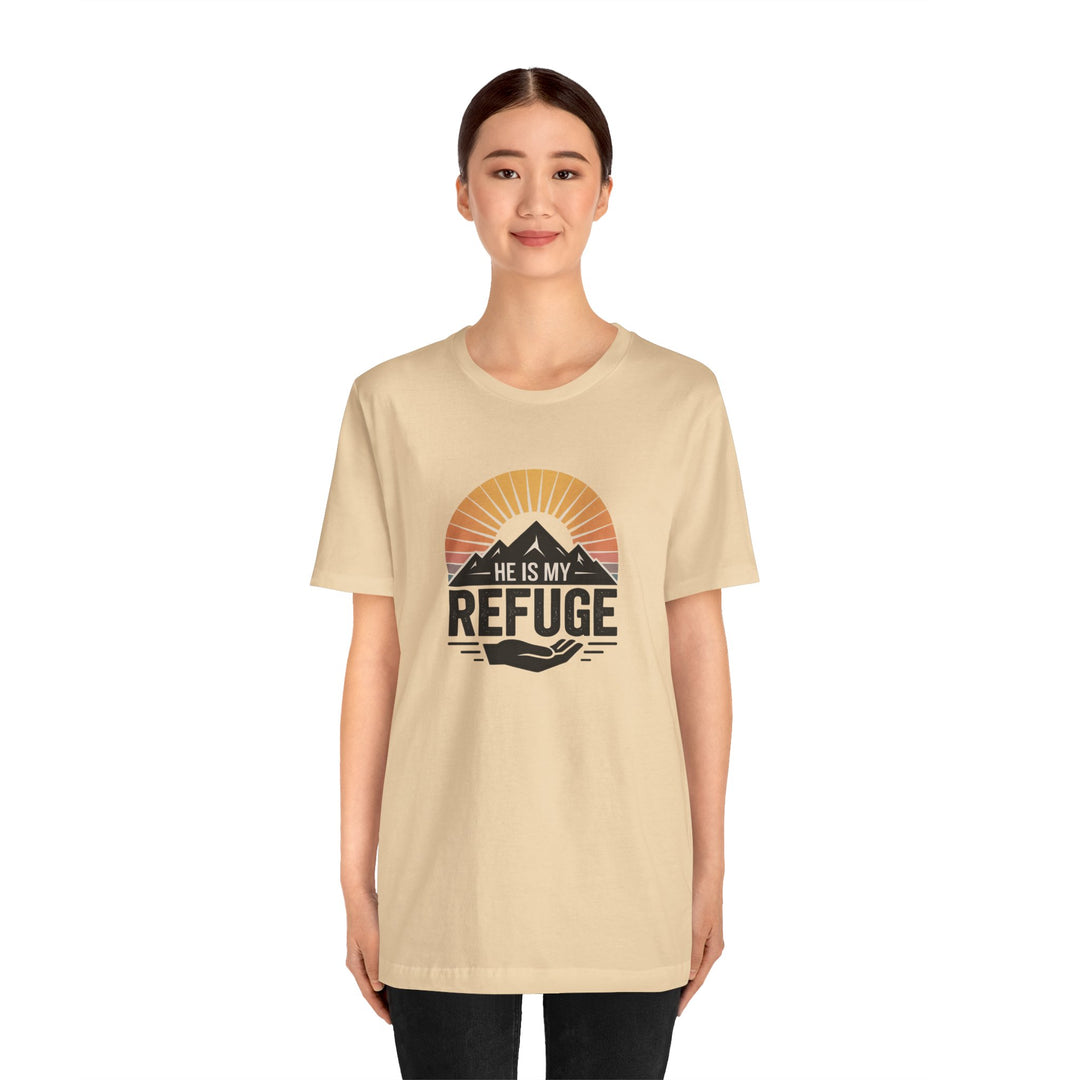He Is My Refuge, Mountain Sunset Graphic Tee, Inspirational T-Shirt, Unisex Comfort Wear, Casual Outfit, Perfect Gift for Nature Lovers