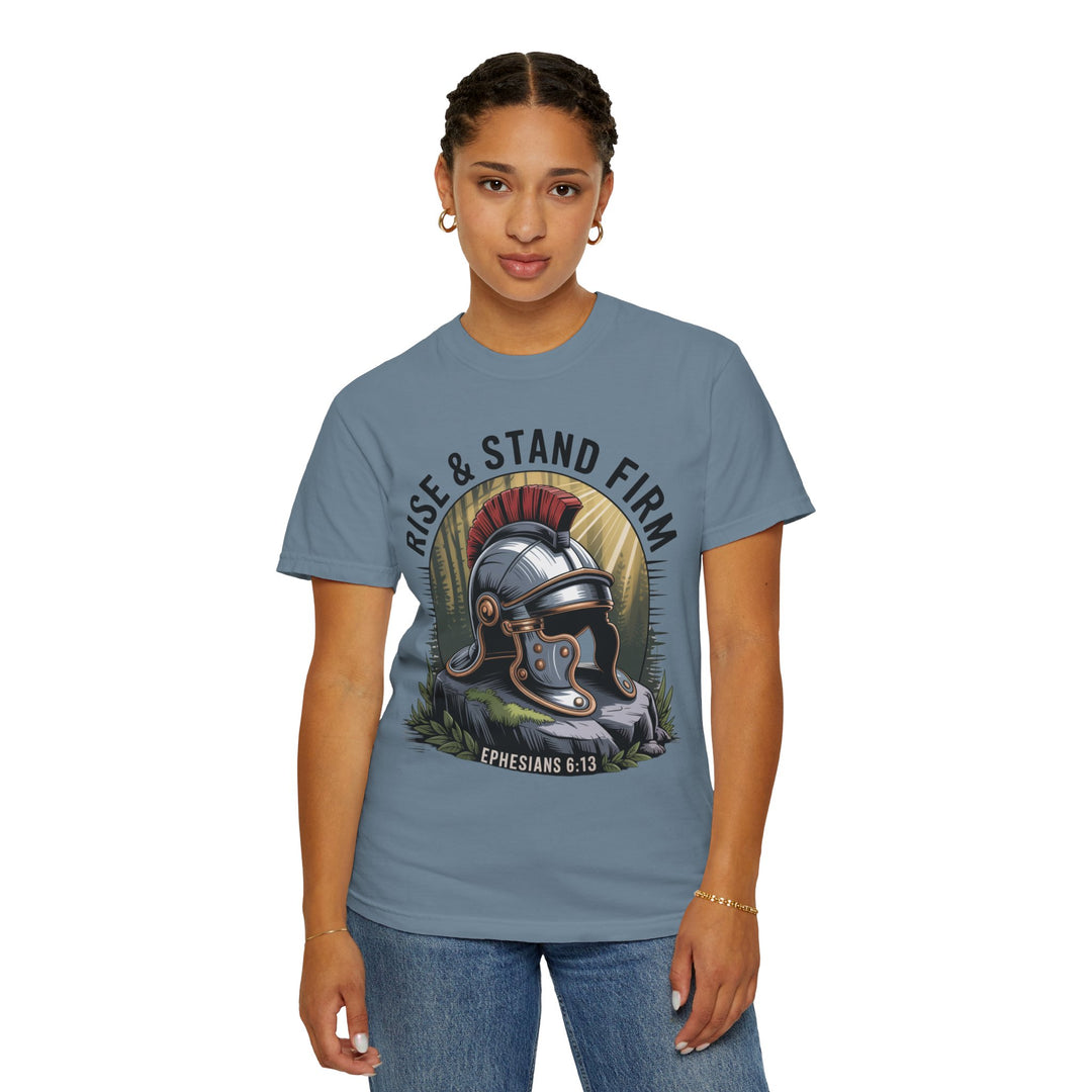 Faithful Warrior Unisex T-shirt - Rise & Stand Firm with Roman Helmet Design