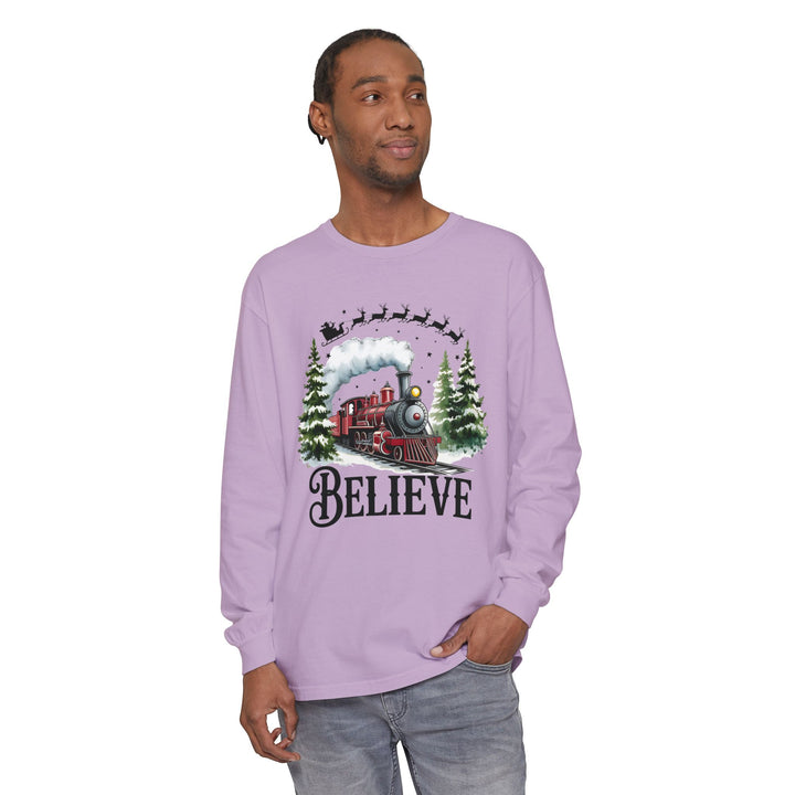 Believe Santa Train Long Sleeve Tee, Cozy Gift for Christmas, Unisex Shirt, Holiday Apparel, Festive Outfit, Winter Wear, Seasonal T-Shirt