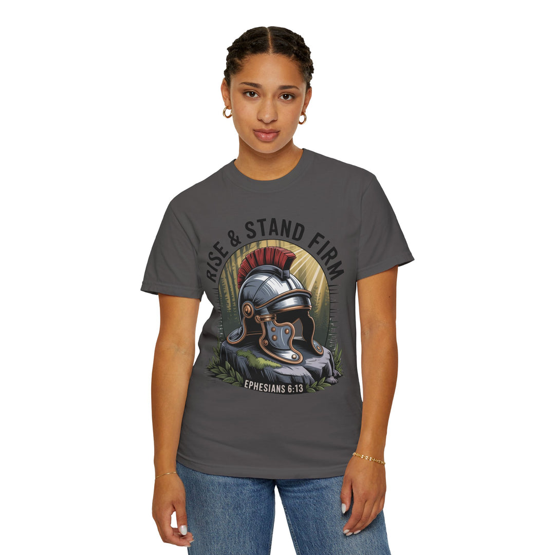 Faithful Warrior Unisex T-shirt - Rise & Stand Firm with Roman Helmet Design